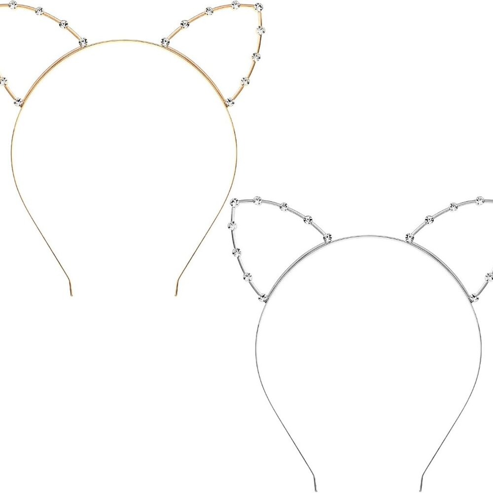 2 Pcs Crystal Cat Ears Headband Rhinestone Cat Ear Tiaras Hair Band Party Cospla